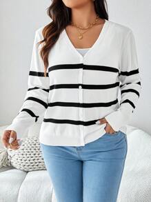 SHEIN LUNE Plus Size Striped Printed Casual Cardigan With Single-Breasted Button For Autumn & Winter - Black and White - View 4