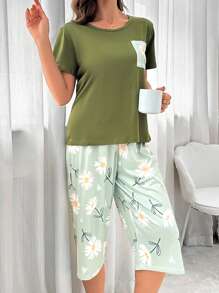 Floral Print Pocket Patched PJ Set / Pajama Set - Green - View 4