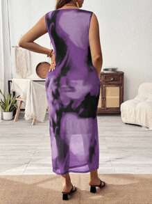 Celure Plus Size Stylish Tie Dye Ruched Slit Bodycon Sleeveless Dress For Vacation - Multicolor - View 2