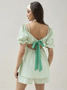 COSMINA Women's Solid Color Puff Sleeve Casual Summer Shirt