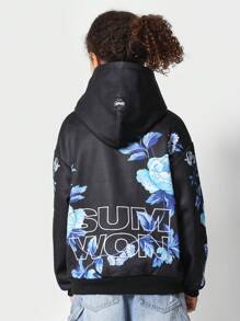 SUMWON Classic Floral Print Hoodie Sweatshirt Drawstring Fall Winter Wear Pullover Blue Blossom Pattern Streetwear Casual Daily Wear - Black - View 1