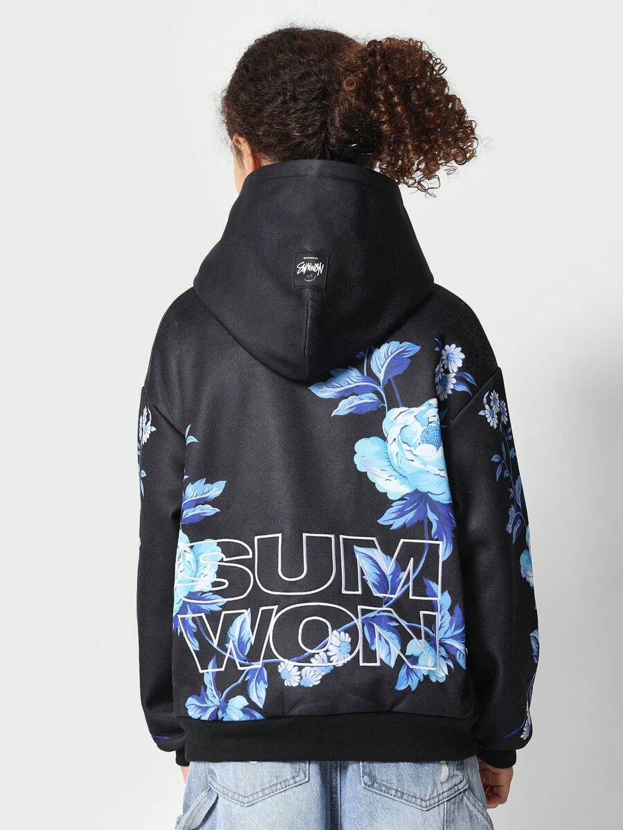 SUMWON Classic Floral Print Hoodie Sweatshirt Drawstring Fall Winter Wear Pullover Blue Blossom Pattern Streetwear Casual Daily Wear - Black - View 1