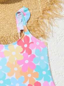 Young Girl One Piece Swimsuit With Colorful Floral Print And Ruffle Skirt - Multicolor - View 4