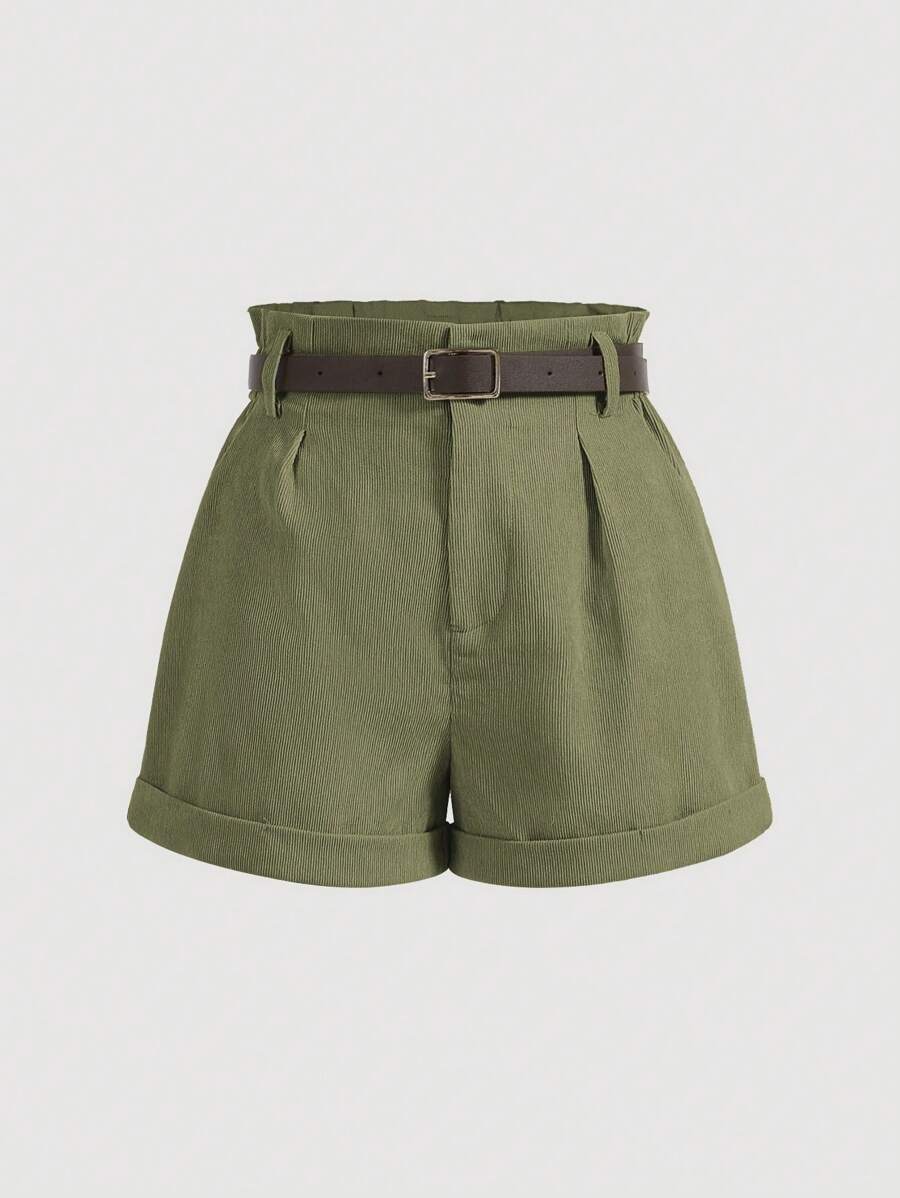 SHEIN MOD Pantalones cortos de pana con cintura alta y cinturón para mujeres