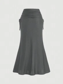 SHEIN MOD 优雅春夏高腰、侧抽绳、腰褶、鱼尾下摆、长裙 - 灰色 - 查看 2