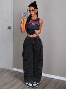 SHEIN PETITE 女士休闲直筒工装黑色工装牛仔裤，水洗牛仔裤 - 黑色 - 查看 5