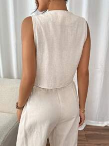 SHEIN Frenchy 纽扣前口袋贴布衬衫亚麻面料背心秋季女装老款风格教师服装商务女装教师衬衫 V 领背心亚麻面料通勤简约办公室老款简约 - 杏色 - 查看 2