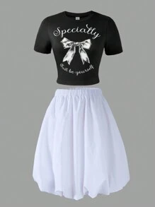 SHEIN 2 Stücke Set aus engem kurzen T-Shirt und Bud Rock für Teenager Mädchen, Schleifenmuster, Sommer