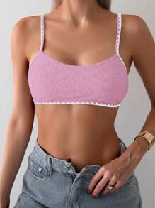 SHEIN Swim Women's Summer Beach Jacquard Contrast Trim Spaghetti Strap Bikini Top - Pink - View 3