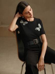 Anewsta Áo thun thời trang mùa hè trang trí hình con bướm kim cương dành cho nữ - màu đen - Xem 5