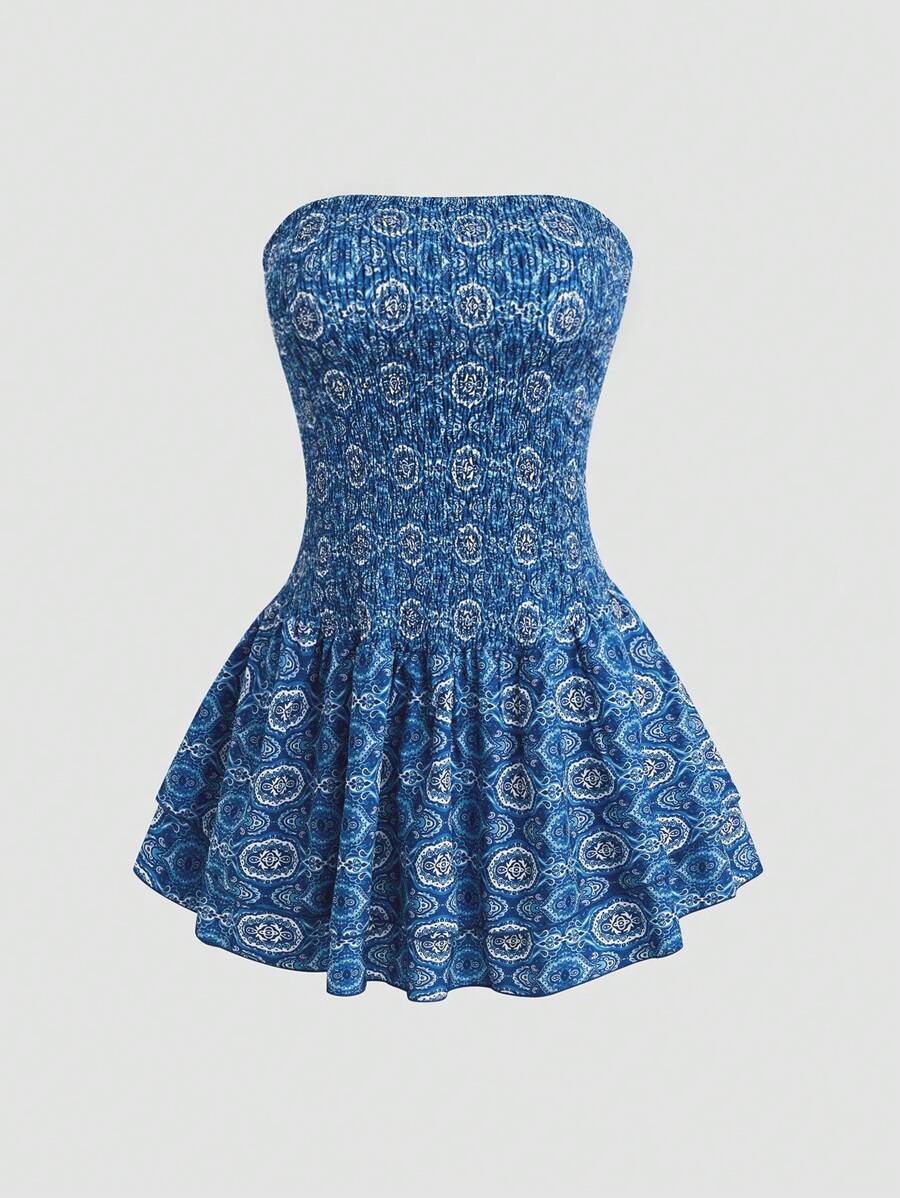 Sweetra Women's Random Printed Strapless Dress Mini Short Women Outfit - Blue - View 1