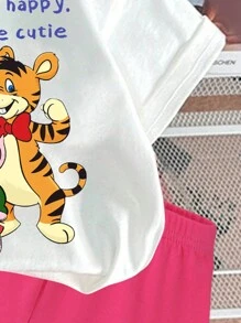 SHEIN 2pcs/Set Baby Girl Pink And White Summer Outfits,Cute Cartoon Animal & Letter Pattern Short Sleeve T-Shirt And Shorts,Casual Vacation Back To School - Multicolor - View 5