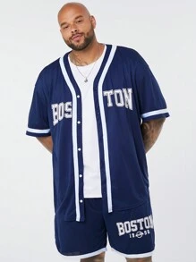 Manfinity VCAY Bộ 2 chiếc/bộ áo thun dệt kim in chữ thả vai thoải mái cho nam và quần short cạp chun thẳng có dây rút, phù hợp cho các môn thể thao mùa hè - Màu xanh lam - Xem 3