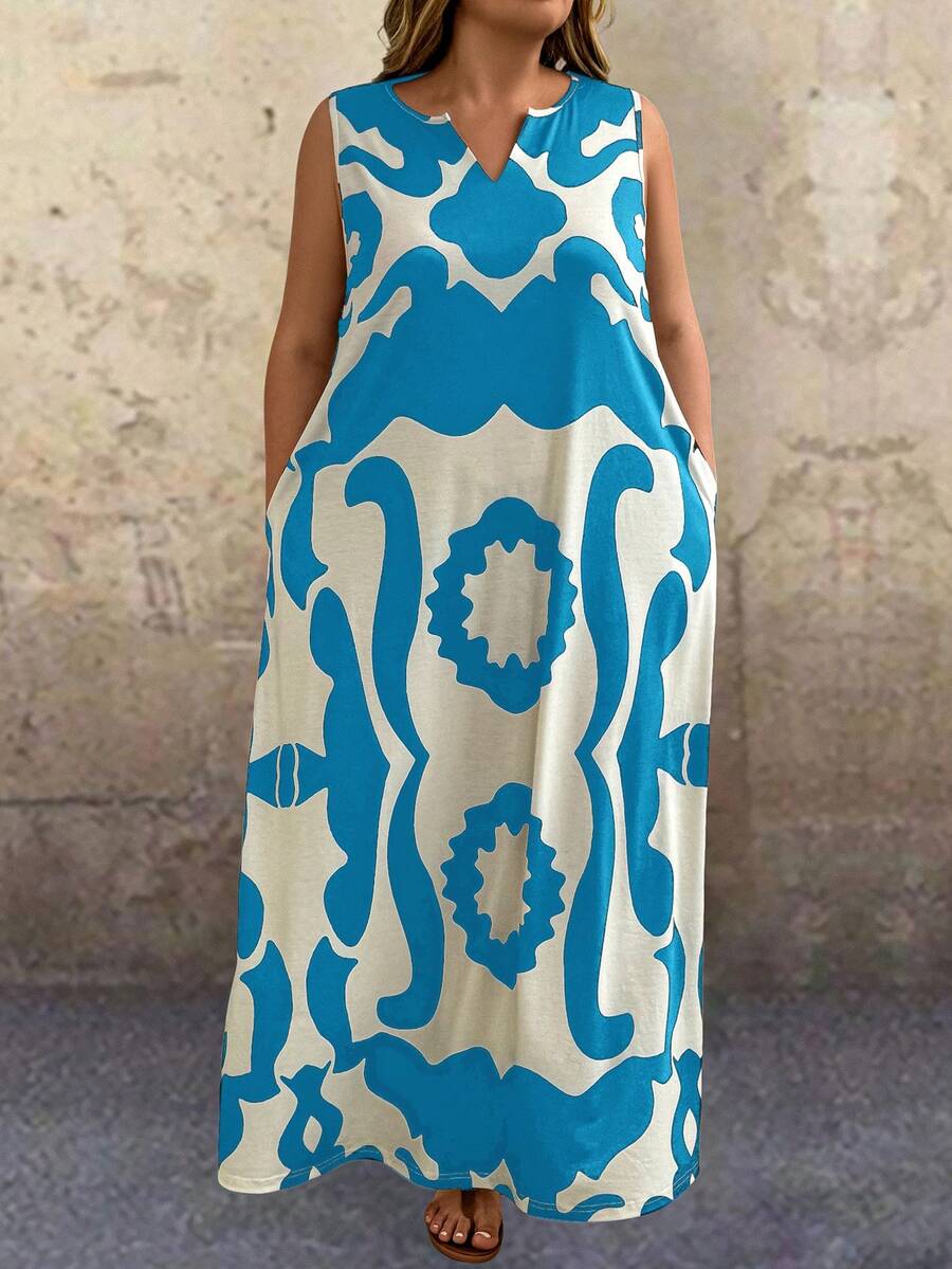 EMERY ROSE 大尺碼女士假期休閒印花開衫領無袖長款連身裙，帶空洞和口袋 - 藍色 - 查看 1