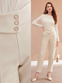 MOTF PREMIUM BUTTON DECOR HIGH WAIST SUIT PANTS,TAILORED PANTS - Apricot - View 10