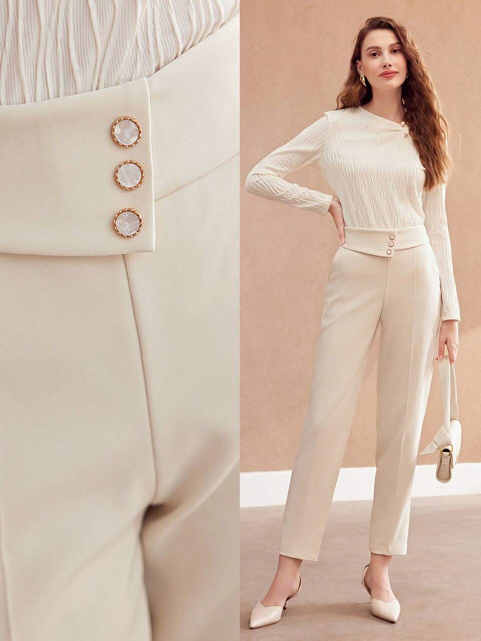 BUTTON DECOR HIGH WAIST SUIT PANTS,TAILORED PANTS