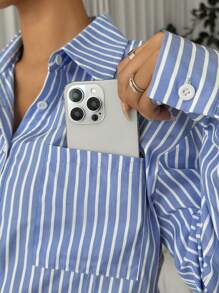 Muchica Ladies' Striped Long Sleeve Shirt Collar Button Pocket Belted Jumpsuit For Casual Daily Wear