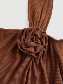 SHEIN MOD 女士棕色不对称领喇叭袖连衣裙、返校服、约会连衣裙、杏色连衣裙、优雅连衣裙、秋季连衣裙、西式连衣裙、晚礼服、万圣节、舞会礼服、音乐会女士服装、单身女郎服装 - 棕色 - 查看 3