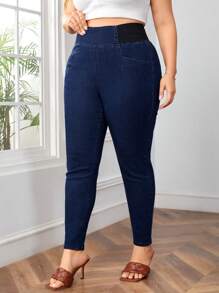 SHEIN Essnce 大尺碼純色拼接口袋牛仔褲，休閒服裝