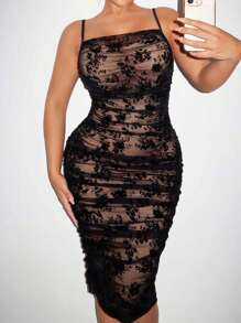 SHEIN SXY Black See Through Mesh Flocked Bodycon Spaghetti Strap Dress - Black - View 1