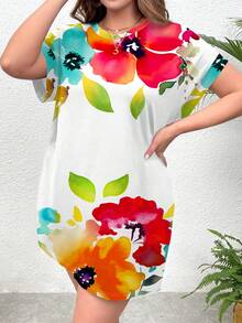 EMERY ROSE 大码女式休闲简约全花卉印花短袖圆领夏季连衣裙 - 白色 - 查看 4
