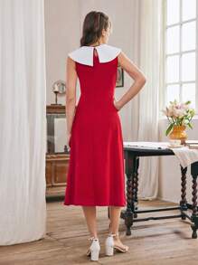 Teen Girls' Elegant Academy Lady Navy Bowknot Splice Color Block Dress - Red - View 2