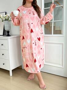 Plus Heart Print Round Neck Long Sleeve Sleep Dress, Moo Moo, Fall - Pink - View 6