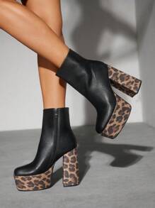 CUCCOO SZL Giày cao gót mũi vuông họa tiết da báo ngoài trời cho nữ, chống thấm nước, dày, vải PU màu đen, bốt ngắn màu đen đơn giản thời trang có khóa kéo bên hông, gợi cảm, sành điệu, sang trọng, phong cách Halloween - màu đen - Xem 5