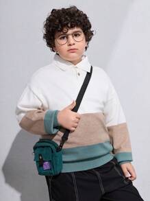 SHEIN Sudadera de punto para niño preadolescente de talla extendida con bloqueo de color y botones falsos - Multicolor - Ver 3