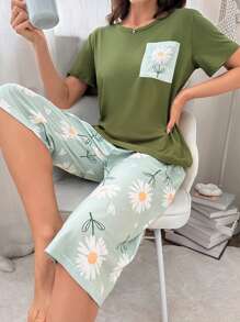 Floral Print Pocket Patched PJ Set / Pajama Set - Green - View 6