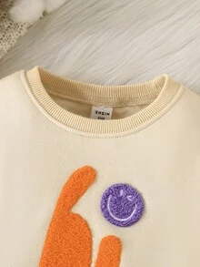 Áo nỉ dài tay thường ngày xuân thu cho bé trai có thêu mặt cười và chữ - Màu be - Xem 3