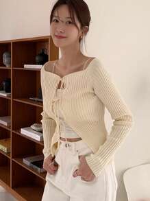 DAZY 女士纯色系带方领长袖开衫，秋季服装 - 杏色 - 查看 6