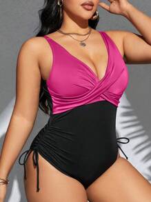 SHEIN Swim Curve Plus Size Bãi biển mùa hè Chắp vá dây rút Đồ bơi một mảnh xếp nếp - Nhiều màu - Xem 1