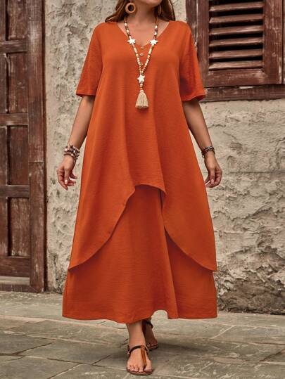 EMERY ROSE Vestido de manga corta y cuello redondo de unicolor estilo vacacional de talla grande