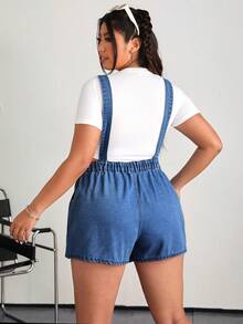 SHEIN EZwear 大码休闲水洗牛仔连身裙，带刺绣细节，夏季 - 中等水洗藍 - 查看 2