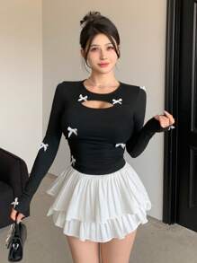 DAZY Áo thun nữ dài tay ôm sát có nơ trang trí mùa thu mới - màu đen - Xem 6