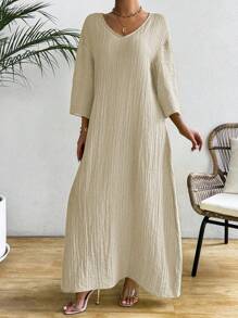 Chiquease 夏季新品長袍式袖、褶皺設計優雅寬鬆緊身連衣裙，V領 - 杏色 - 查看 5