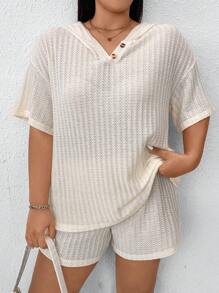 SHEIN Unity Plus Drop Shoulder Hooded Tee & Shorts For Summer - Apricot - View 6