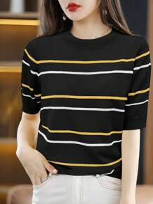 EMERY ROSE Striped Short-Sleeved Knitted Top - Black - View 3