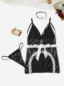 SHEIN 大尺碼蕾絲插花空心圓環細肩帶連身裙，內附丁字褲、圍裙和頸部圍巾，性感內衣服裝