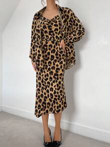 SHEIN Essnce 2pcs Women Leopard Print Shirt & Dress Suit Set, Autumn Outfit, Female Apparel, Leopard Pattern Clothing, 2-Piece Set, Ladies Office Suit, Long Sleeve Shirt, Leopard Print