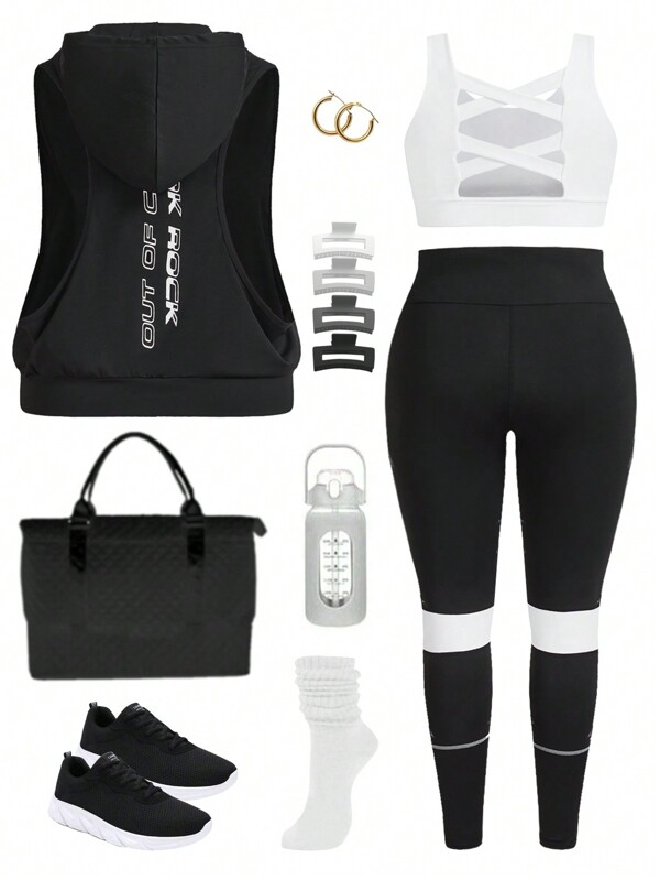 Easify SHEIN Sport Plus Hooded Tank Top & Colorblock Leggings With Phone Pocket Sports Set
