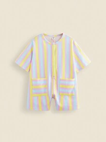 THE HAPPY LOOK Young Girl Striped Print Woven Casual Short Sleeve Jumpsuit With Pockets, Back To School Outfit - Multicolor - View 1