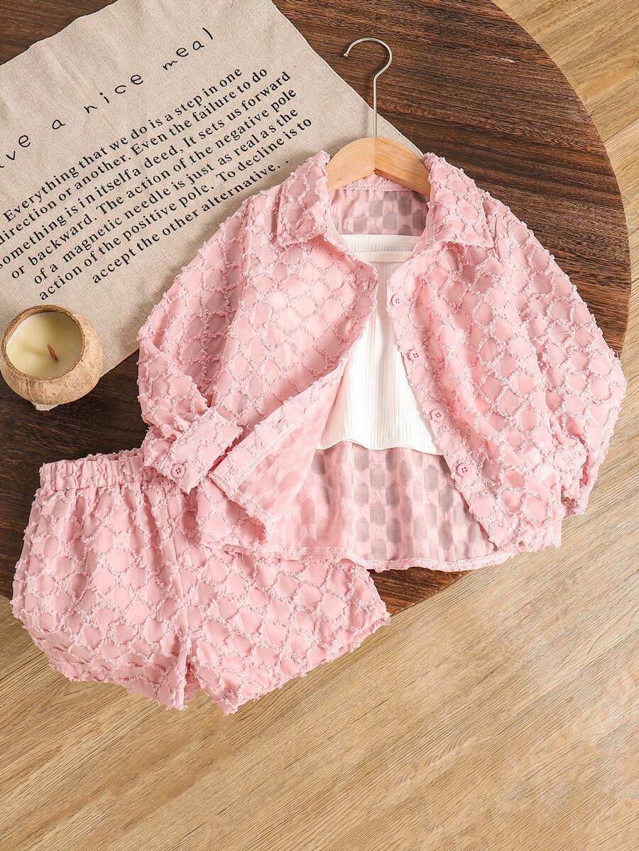 SHEIN Young Girls' Simple Everyday Long Sleeve Shorts 2-Piece Set - Pink - View 1