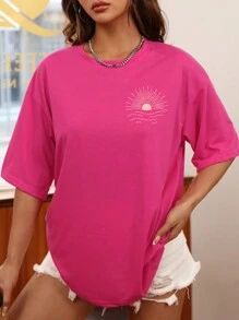INAWLY Plus Size Women's Sunset Printed Round Neck Short Sleeve Casual T-Shirt, Summer Pink Top