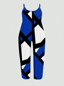 Slaydiva Bộ áo liền quần có dây đeo rộng có họa tiết hình học dáng rộng thông thường cho mùa hè - Màu xanh lam - Xem 7