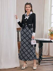 少女优雅学院风领子拼布上衣和网格裙/裙子 2 件套 - 黑與白 - 查看 6