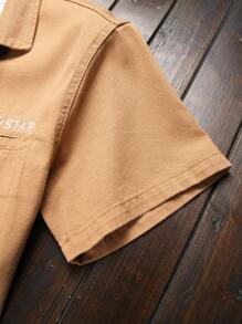 Manfinity Homme Men's Summer Letter Printed Workwear Short Sleeve Casual Denim Shirt With Pockets