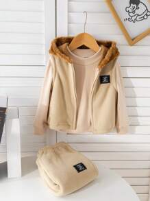 SHEIN 3入組嬰兒男/女休閒連帽背心、運動衫和加厚長褲套裝，秋冬季 - 彩色 - 查看 7