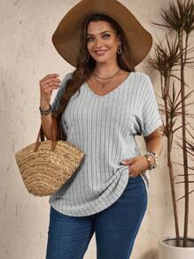 EMERY ROSE Plus Size Solid Color Ribbed Batwing Sleeve Casual Daily Summer T-Shirt